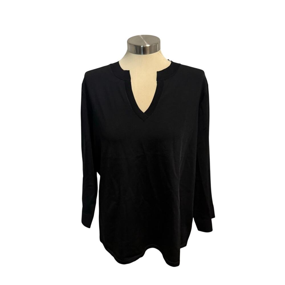 Talbots Vintage Womens Long Sleeve Top Size 2X Black Split V-Neck | Knitted